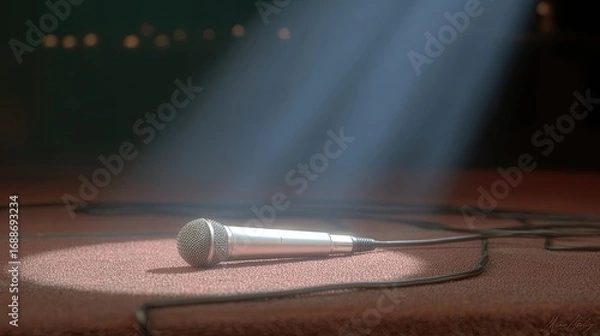 Fototapeta Single Microphone Highlighted on a Bare Stage Inviting Voices to Rise in Captivating Harmony