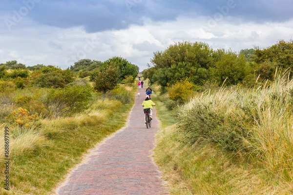 Fototapeta Tourist cycling the path through the dunes in Borkum