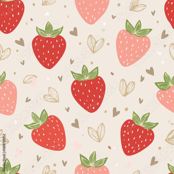 Fototapeta Seamless vector pattern with cute doodle strawberry. Cottagecore country background with berries and hearts. Vintage texture for wallpaper, wrapping paper, textile design