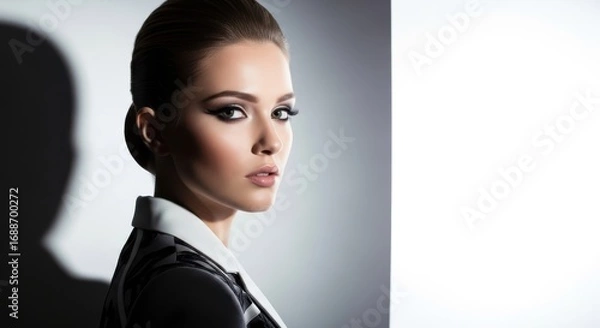 Fototapeta Elegant Woman in Black Blazer, Dramatic Makeup portrait face eyes