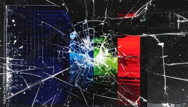 Obraz Distorted VHS analog static with RGB flicker lines on black