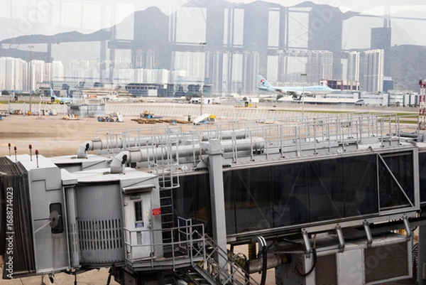 Fototapeta Exterior architecture buildings of Hongkong international airport and Aircraft boeing stop waiting passenger journey and local crew worker prepare plane on runway on April 26, 2025 in Hong Kong, China
