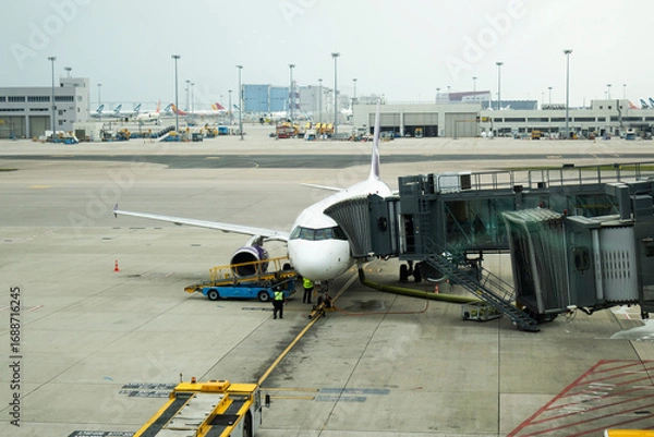 Fototapeta Exterior architecture buildings of Hongkong international airport and Aircraft boeing stop waiting passenger journey and local crew worker prepare plane on runway on April 26, 2025 in Hong Kong, China