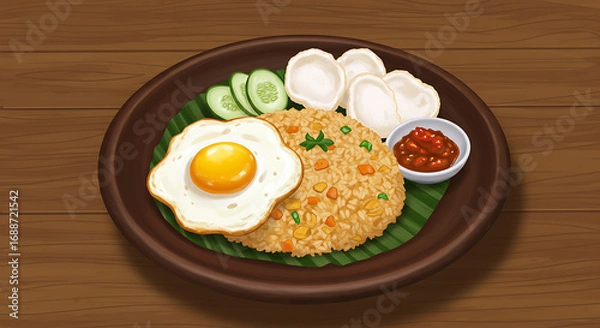Fototapeta Illustration of a traditional Indonesian fried rice dish with a sunny-side-up egg and sides