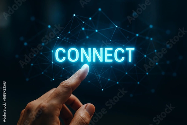 Fototapeta Finger touching glowing "CONNECT" text with a digital network background, symbolizing online networking and digital communication