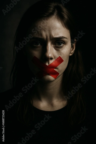Fototapeta Portrait of a young woman with red tape over her mouth in the shape of an X, symbolizing silence, abuse, and loss of voice