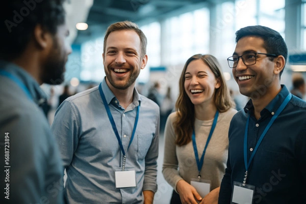 Fototapeta Group of young professionals networking and laughing at a business conference, wearing name tags and engaging in a friendly conversation