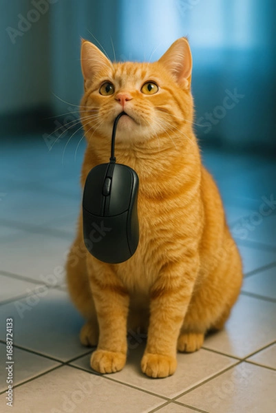 Fototapeta Funny ginger cat holding a computer mouse in its mouth, humorously playing on the idea of catching the “wrong type of mouse