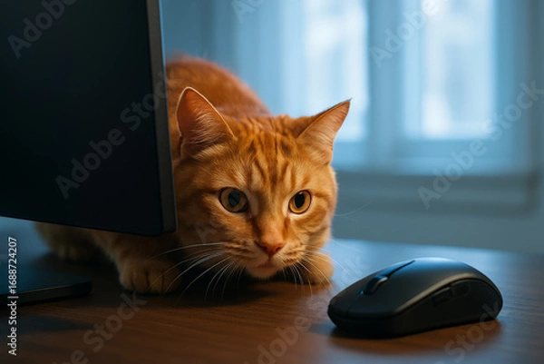 Fototapeta Curious ginger cat crouched behind a monitor, intently staring at a computer mouse on a desk—ready to pounce on the “wrong kind of mouse.”