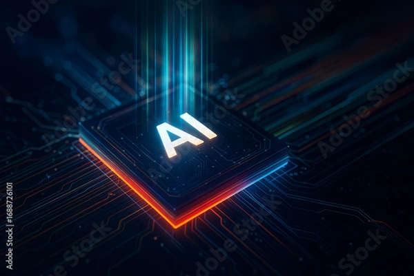 Fototapeta Futuristic AI-powered microchip glowing with neon circuits, symbolizing artificial intelligence technology and digital innovation