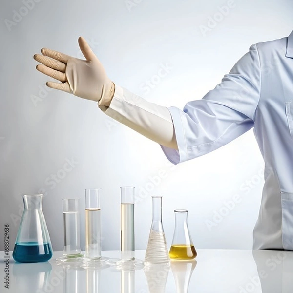 Fototapeta Scientist wearing gloves and lab coat points to beakers with blue and yellow liquid on a table