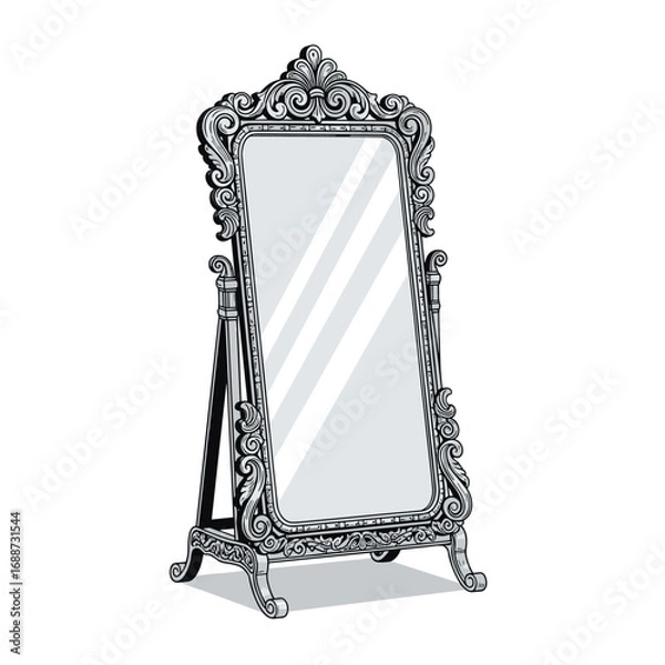 Fototapeta An ornate freestanding cheval mirror with an elaborately carved decorative frame and an easel back stand