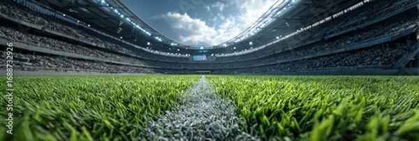 Fototapeta Spectacular view of a modern stadium with vibrant grass and cheering crowd during a sunny afternoon match