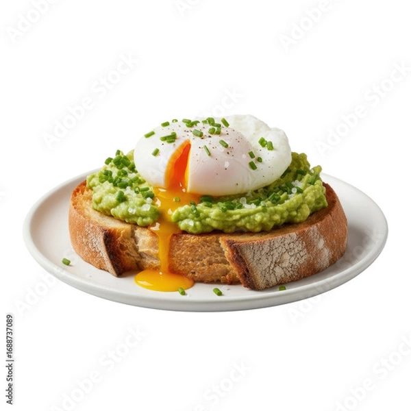 Fototapeta A perfectly poached egg with molten yolk on golden sourdough, creamy avocado, sea salt, and chives, on a minimalist white plate, isolated on transparent, high-key lighting. Concept for gourmet