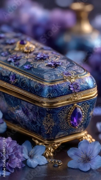 Fototapeta Intricately designed blue jewelry box adorned with flowers and gemstones on a dark surface surrounded by purple blooms