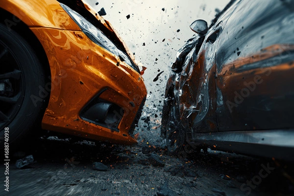 Obraz Car collision impact - High-speed crash scene - Vehicle damage concept.