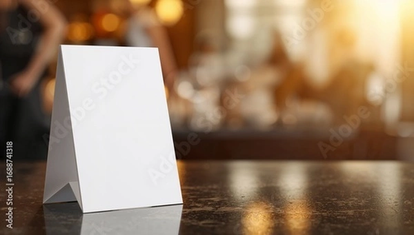 Fototapeta Blank table tent card mockup in a restaurant setting ready for advertising and promotions for your
