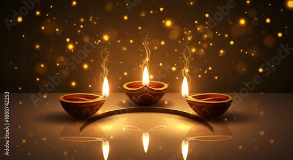 Fototapeta Happy Diwali Navratri festival diya celebration illustration with glowing oil lamps on dark background for Durga Puja Maha Ashtami Navami New Year Hindu worship decoration spiritual light design