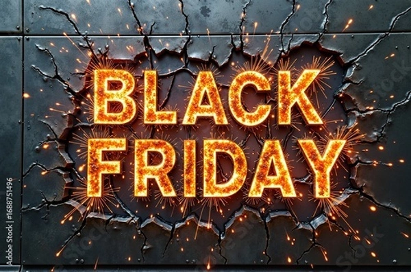 Fototapeta Explosive black friday sale with bright sparks on dark background