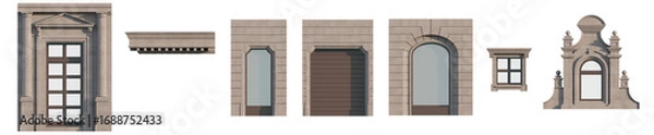 Fototapeta Neoclassical architectural kit: isolated facade elements for design projects. Isolated png on a transparent background premium cutout (Classical doors, window frames, balcony railings, columns & etc.)