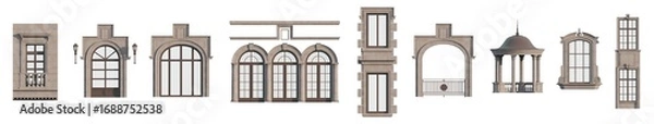 Fototapeta Neoclassical architectural kit: isolated facade elements for design projects. Isolated png on a transparent background premium cutout (Classical doors, window frames, balcony railings, columns & etc.)