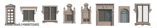 Fototapeta Neoclassical architectural kit: isolated facade elements for design projects. Isolated png on a transparent background premium cutout (Classical doors, window frames, balcony railings, columns & etc.)