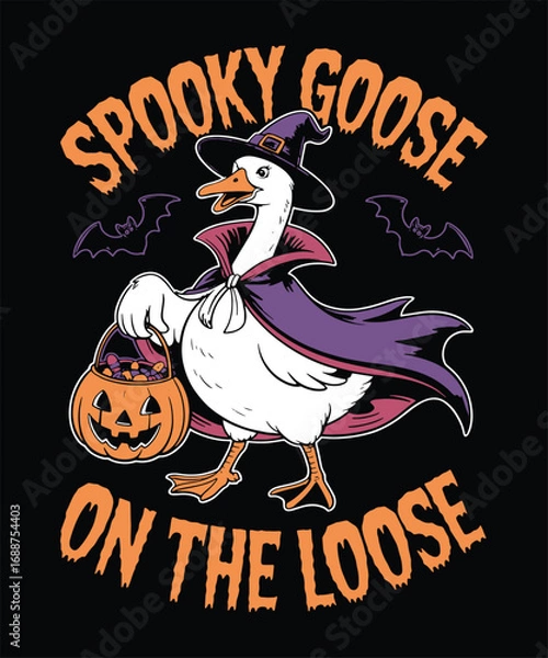 Fototapeta Spooky Goose on the Loose Funny Goose with Pumpkin Cloak and Bat Halloween Vector