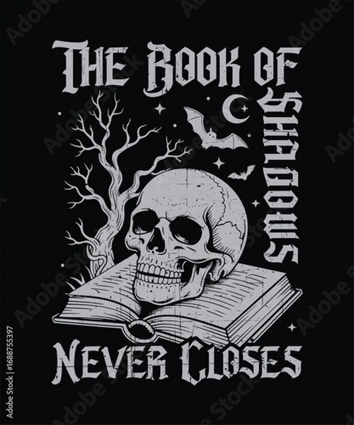 Fototapeta The Book of Shadows Never Closes Skull and Book Gothic Witchcraft Halloween Vector