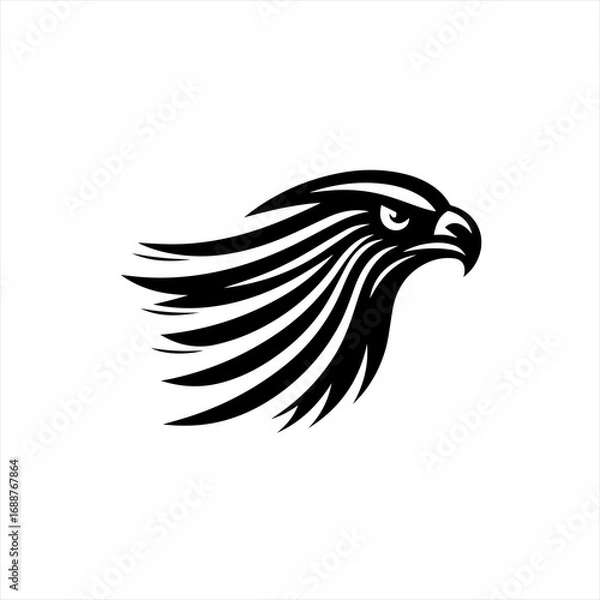 Fototapeta Stylized black eagle head silhouette with flowing feathers