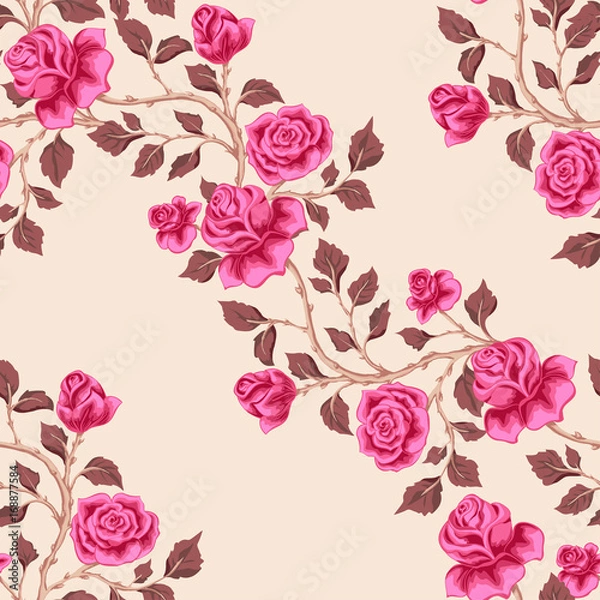 Obraz Floral seamless pattern with pink   roses. Diagonal branches with flowers.  Vector illustration  for textile, print, wallpapers, wrapping.