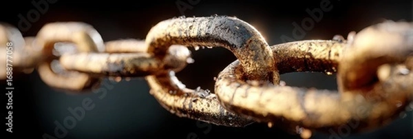 Fototapeta Close-up of a metallic chain link with water droplets glistening in the light during early morning hours