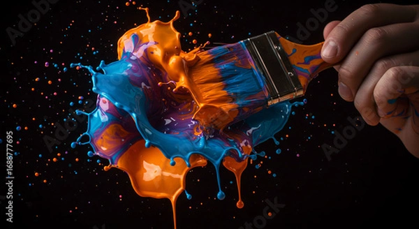 Fototapeta A close-up view of a paintbrush creating a colorful paint splash against a dark background.