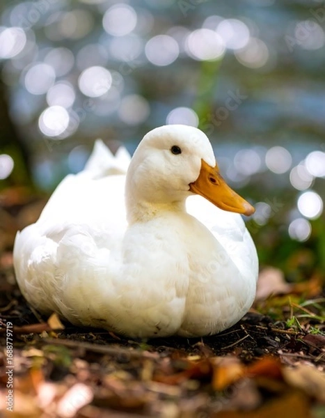 Fototapeta White duck resting by a shimmering water edge