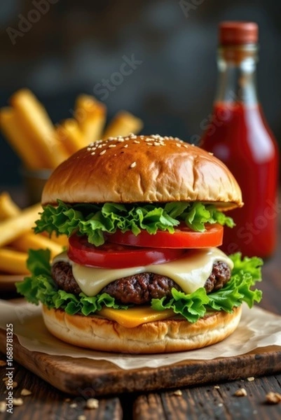 Fototapeta Juicy Gourmet Hamburger with Fresh Vegetables, Melted Cheese, and Crispy Fries Served with Ketchup in Rustic Setting