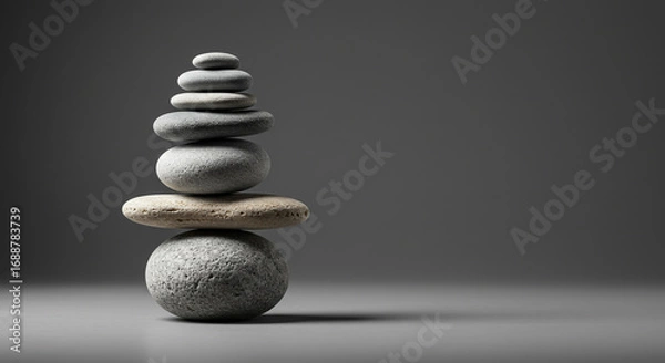 Obraz A carefully balanced stack of smooth, gray stones against a neutral background.