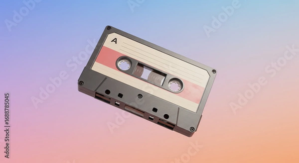 Obraz A vintage cassette tape floats against a colorful, gradient background, showcasing retro audio technology.