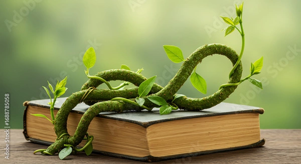 Obraz A vine with green leaves grows over a closed book, symbolizing knowledge, growth, and nature.