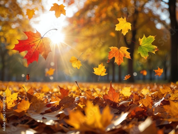 Obraz Colorful and bright autumn maple leaves create a beautiful background in a vibrant forest