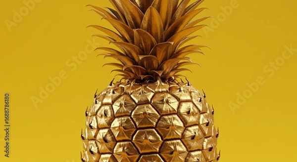 Obraz Golden pineapple with a textured surface and spiky leaves against a solid yellow background.