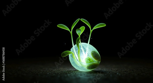 Obraz Glowing translucent egg-shaped container holding small, vibrant green sprouts against a dark background.