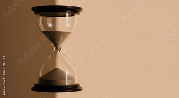 Obraz An hourglass, partially filled with sand, sits against a muted beige backdrop, casting a subtle shadow.