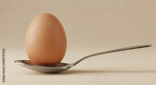 Obraz A single brown egg delicately balanced on a gleaming silver spoon against a muted background.