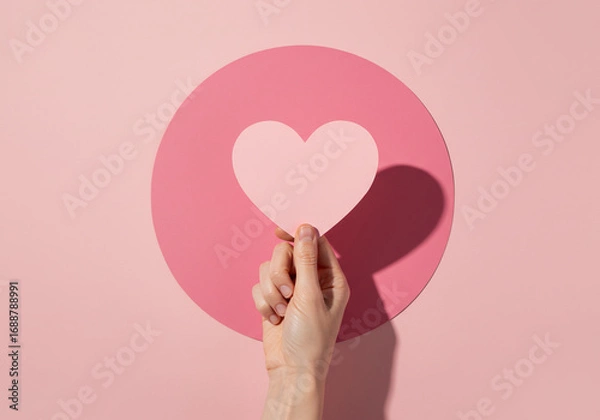 Obraz A hand holding a paper heart in front of a pink circle, casting a shadow.