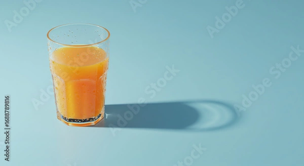 Obraz A glass of orange juice stands on a light blue surface, casting a shadow to the right.
