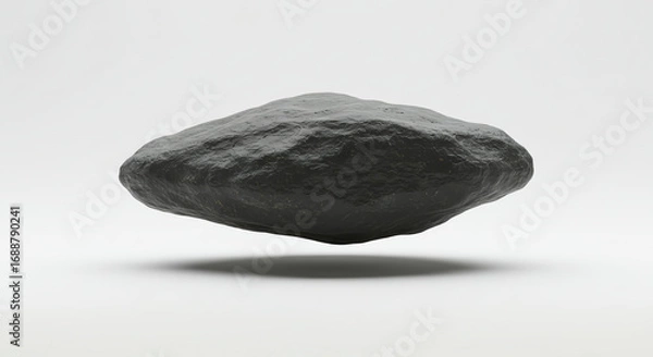 Obraz A dark gray, smooth, levitating rock against a plain white background.
