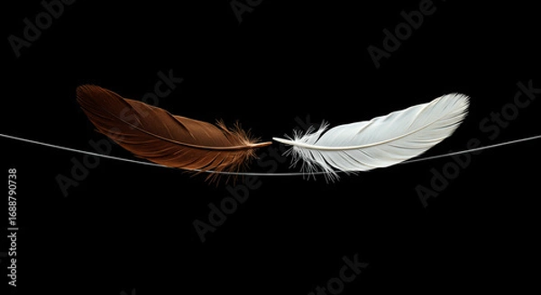 Obraz Two feathers, brown and white, suspended on a thin line against a black background.