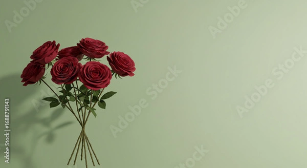 Obraz A bouquet of dark red roses against a muted green background casts a subtle shadow.