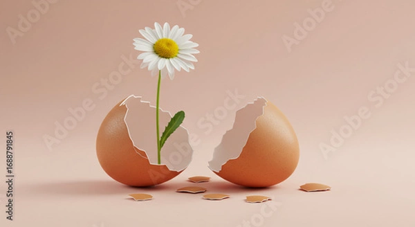 Obraz A delicate daisy sprouts from a cracked eggshell, symbolizing new life and growth emerging from fragility.