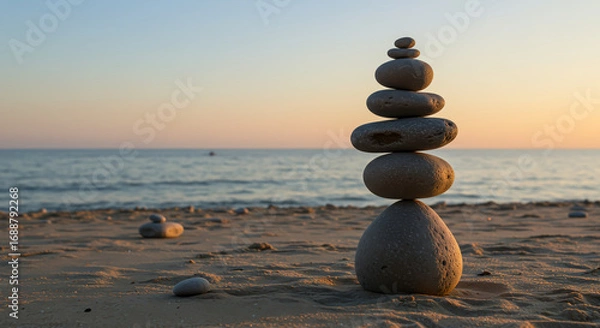 Obraz A carefully balanced stack of smooth stones stands on a sandy beach, with the ocean and sunset in the background.