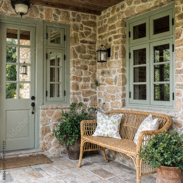 Fototapeta Rustic stone entry porch with greenery and bench seating
